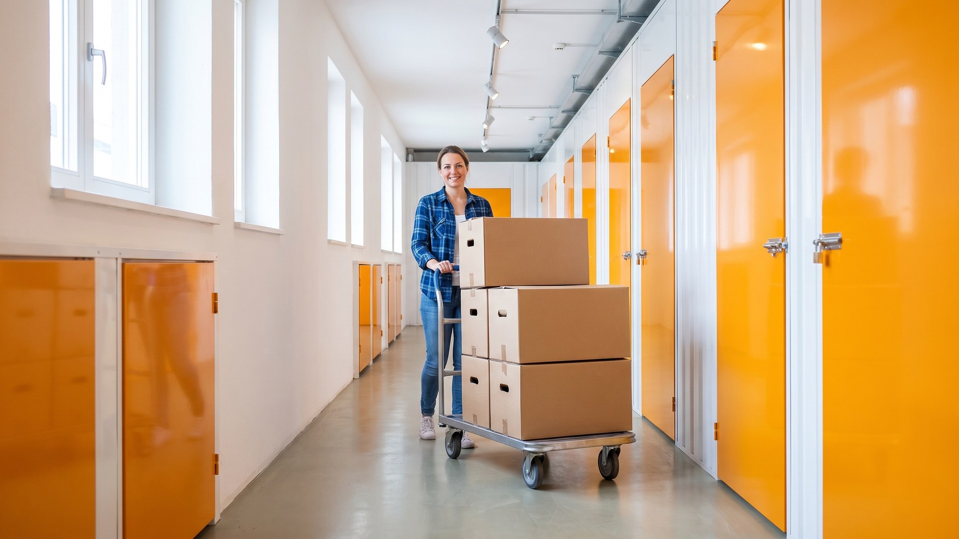 Heller Gang mit orangen Lagerboxen im Squarefoot Selfstorage Urdorf